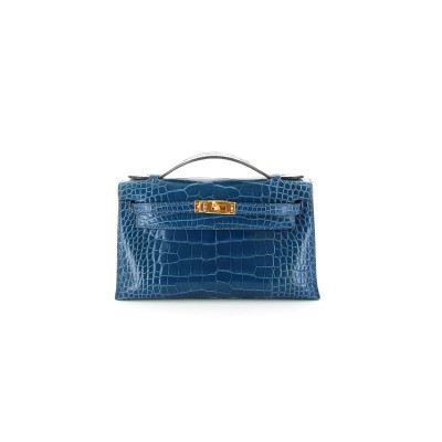 HERMES MASTER KELLY POCHETTE BLEU MYKONOS ALLIGATOR GOLD HARDWARE (22*14*7cm)